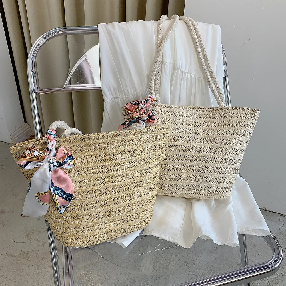 

Модный женский соломенный тканый шелковый шарф с лентой, сумка-мессенджер на плечо, повседневные женские летние пляжные вместительные сумк...