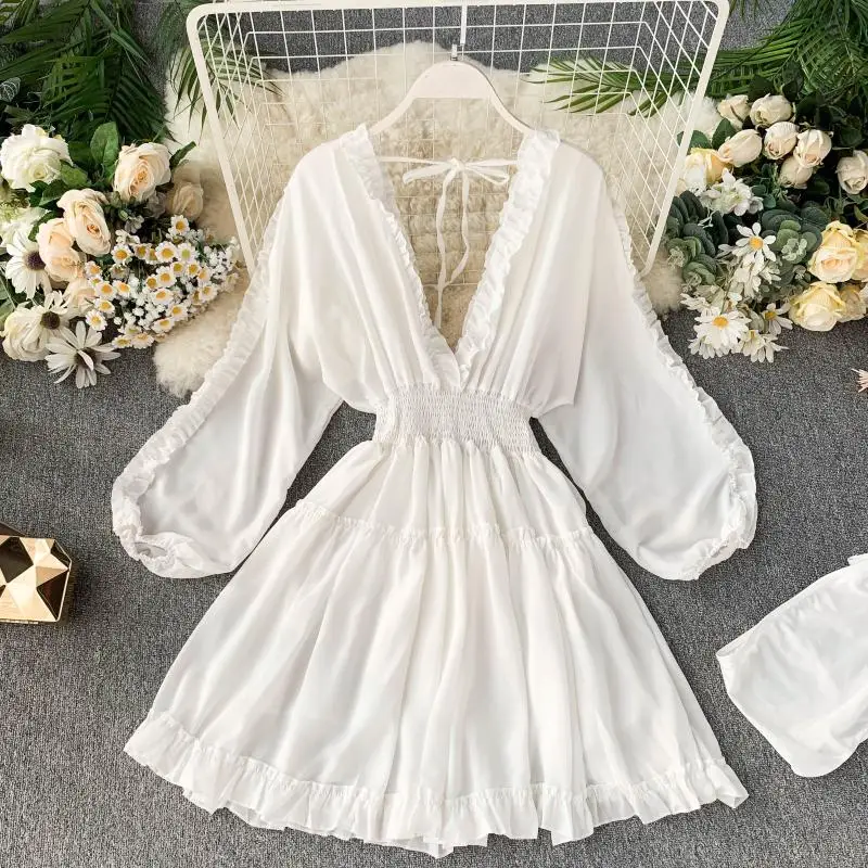 Шифоновое платье принцессы с глубоким v-образным вырезом рукавом 2020 и воланом |