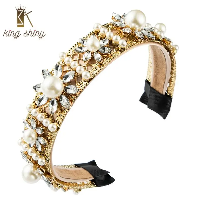 

Luxury Baroque Flash Crystal Flower Headband for Woman Vintage Simulated Pearl Wide Hairband Girls Party Hair Accessory Headwear