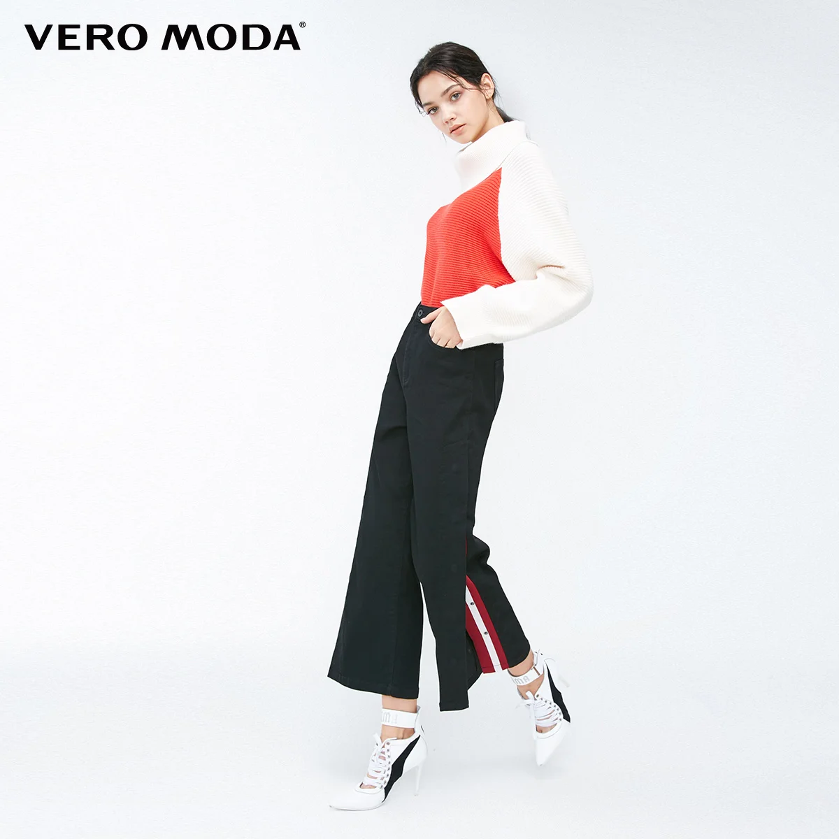 Vero Moda Новое поступление Женские полосатые широкие джинсы с боковыми кнопками | 318349528