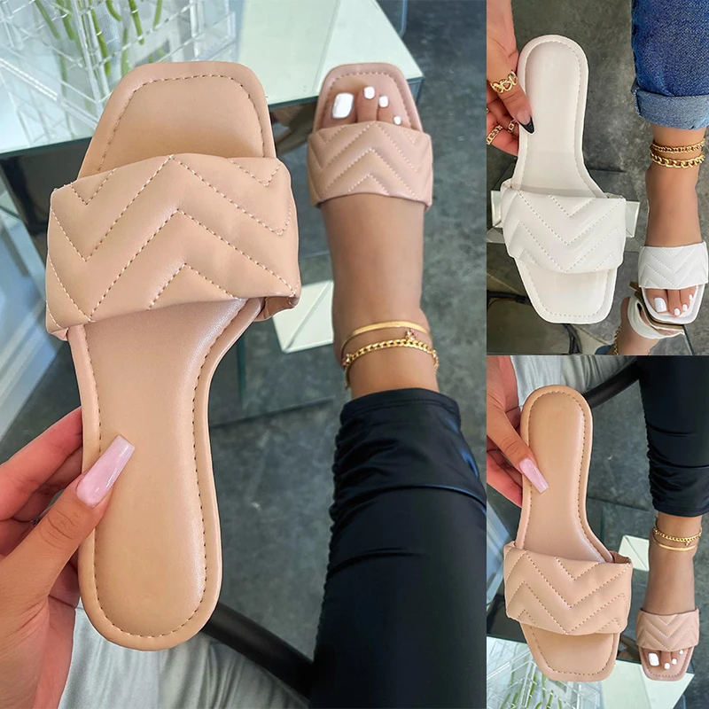 

2021 Home Women Slippers Flat Heel Leather Braid Sandals Casual Summer Outside Beach Holiday Outdoor Solid Shoes Slides