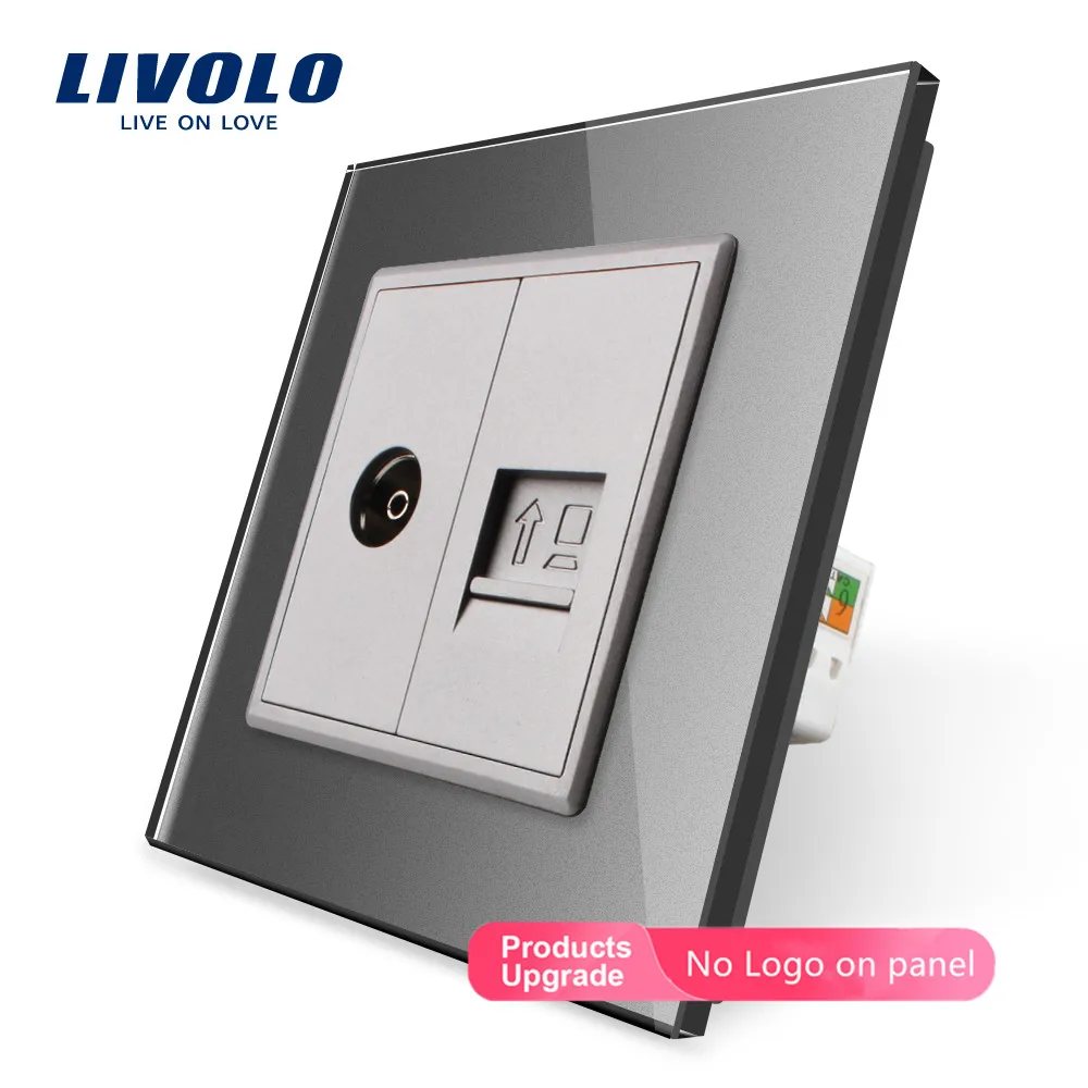 Livolo 7 цветов; туфли с украшением в виде кристаллов Стекло Панель, 2 банды стена компьютер и ТВ гнездо, C791VC-11/12/13/15 без переходник, без логотипа