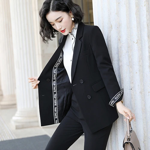 Black Pant Suits Офис работы Блейзер костюмы высокого качества женские туфли из органической кожи Штаны костюм блейзеры Куртки с брюк комплект из двух предметов красный розовый синий - Цвет: Black Pant Suits