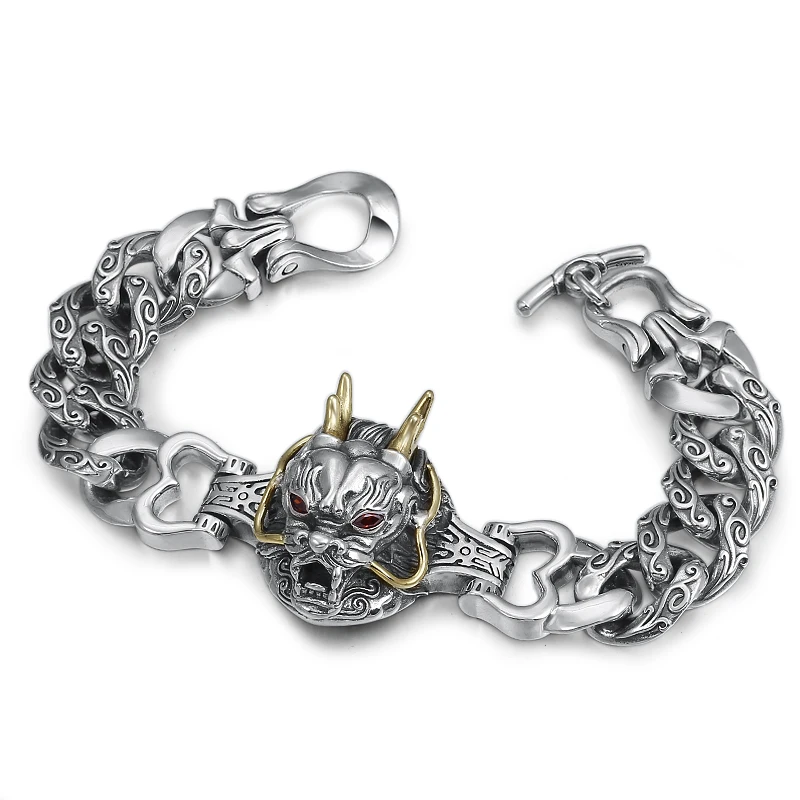 

Domineering Trend Silver Men Bracelet Dragon Chinese Style Retro Creative Faucet Thick Hip-hop Jewelry Accessory