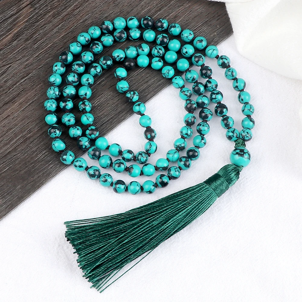 

New 6MM Blue Black Turquoises Tassel Pendant Bracelet Prayer 108 Beads Meditation Necklace Couple Yoga Healing Bangle Jewelry