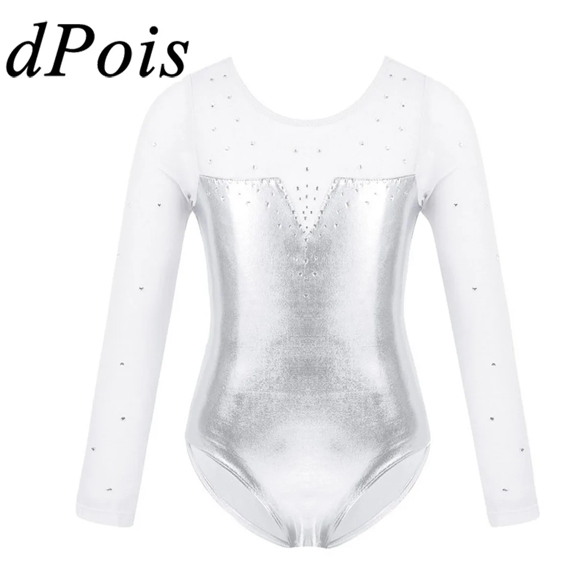 

Girls Tulle Long Sleeve Gymnastics Leotard Bodysuit Sparkle Rhinestone Metallic Ballet Leotard Kids Practice Stage Dance Costume