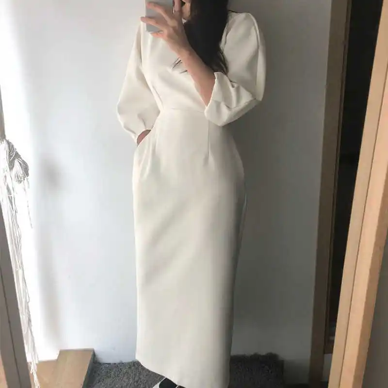 

Elegant Ladies Office Dress Fashion Sexy Solid Color Dress Women Slim Midi OL