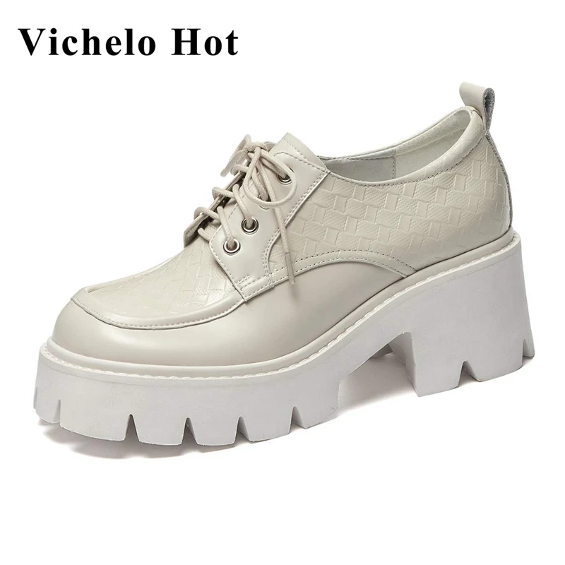 

Vichelo Hot genuine leather round toe thick bottom solid high street fashion leisure KPOP fashion style lace up women pumps L9f6