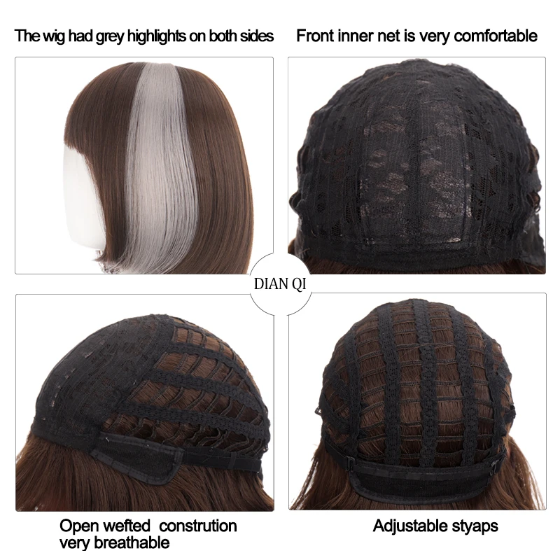 

DIANQI Straight brown highlights gray Synthetic Wig with Bangs Women's Short Bob Wig Heat Resistant Daily Wig