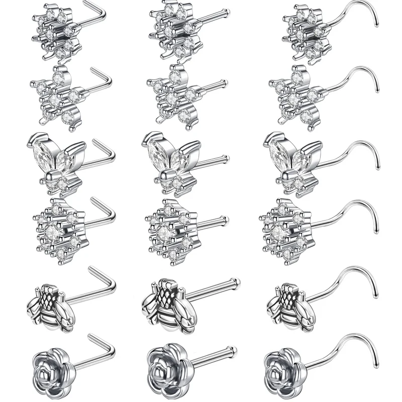 

AOEDEJ 20G Flower Butterfly Nose Ring Piercing Jewelry Copper Nostril Studs Crystal Rose Nose Studs Women Body Piercing Jewelry