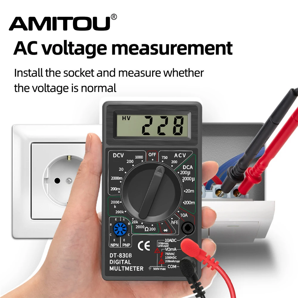 AMITOU DT830B Digital Multimeter AC/DC LCD Mini Voltmeter Ammeter Ohm Tester 750/1000V High Safety Handheld Meter With Probe | Инструменты