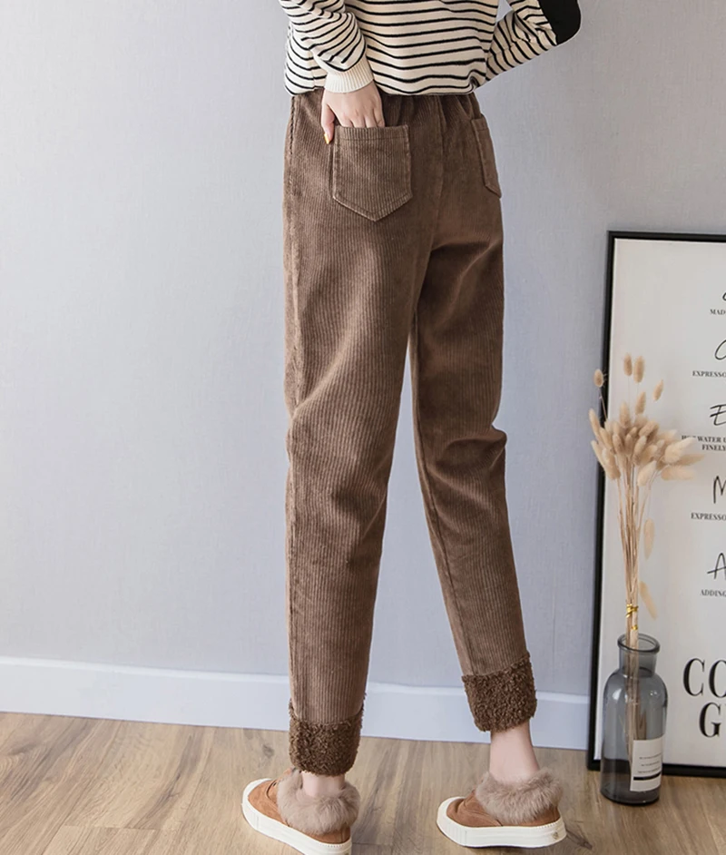 Осень зима вельветовые штаны для женщин высокая талия карманы брюки плюс размер
