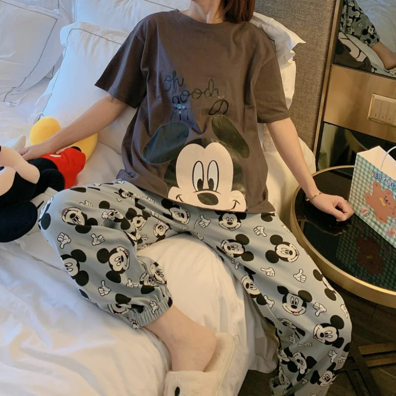 Disney Cartoon Mickey Mouse Cute Kawaii Pajamas Set for Women Summer 2021 Soft Short Sleeve Top Pant Pyjama Sets Pijama Feminino