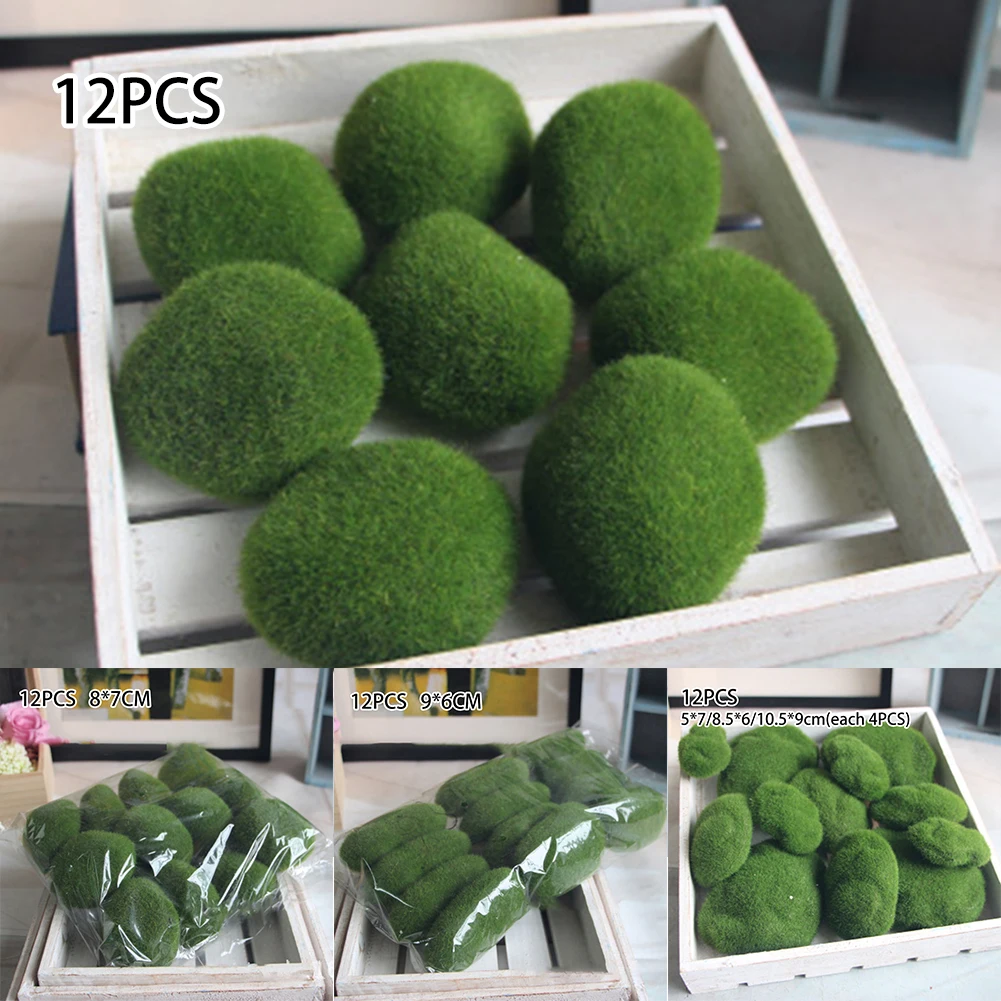 

12PCS Artificial Fake Moss Stone Rock Ball Realistic Garden Decor Fuzzy Green Fashionable And Practical
