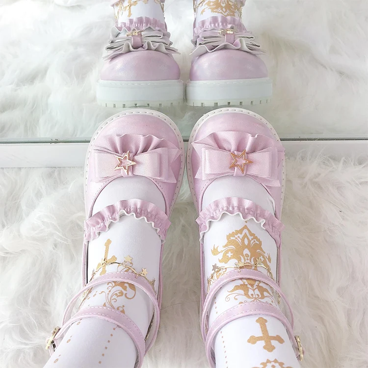 Kawaii для девочек повседневные милые туфли в стиле «Лолита» в винтажном стиле, круглый носок, толстая подошва, женская обувь с кружевными оборками и бантом обувь Kawaii лоли для костюмированной вечеринки