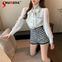 2022 spring new fashion long sleeve single breasted tops female bandage lace shirt women slim plaid shorts two piece suit