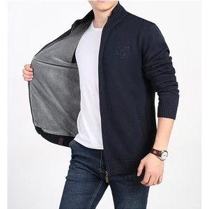 Мужской бархатный свитер, плотный однотонный кардиган на молнии, теплый зимний Кардиган с воротником-стойкой, 2019