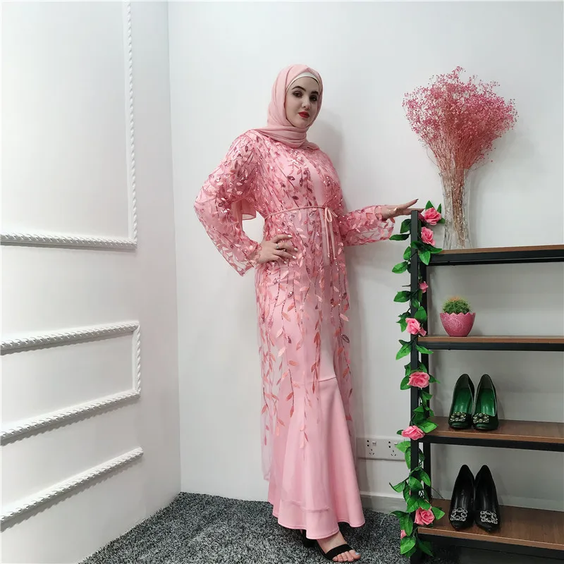 

2019 Elegant Muslim Dubai Fashion Evening Dress Amazon Abaya Turkey New Lace Temperament Cardigan Leaves Embroidered Robe