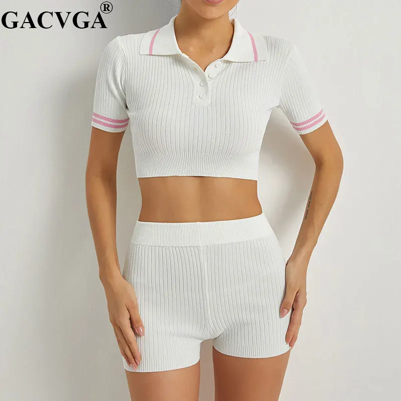 

GACVGA Knitted Summer Short Sleeve Crop Top and Short Pant Two Piece Set High Stretch Sexy Bodycon Street Wear Women 2 Piece Set