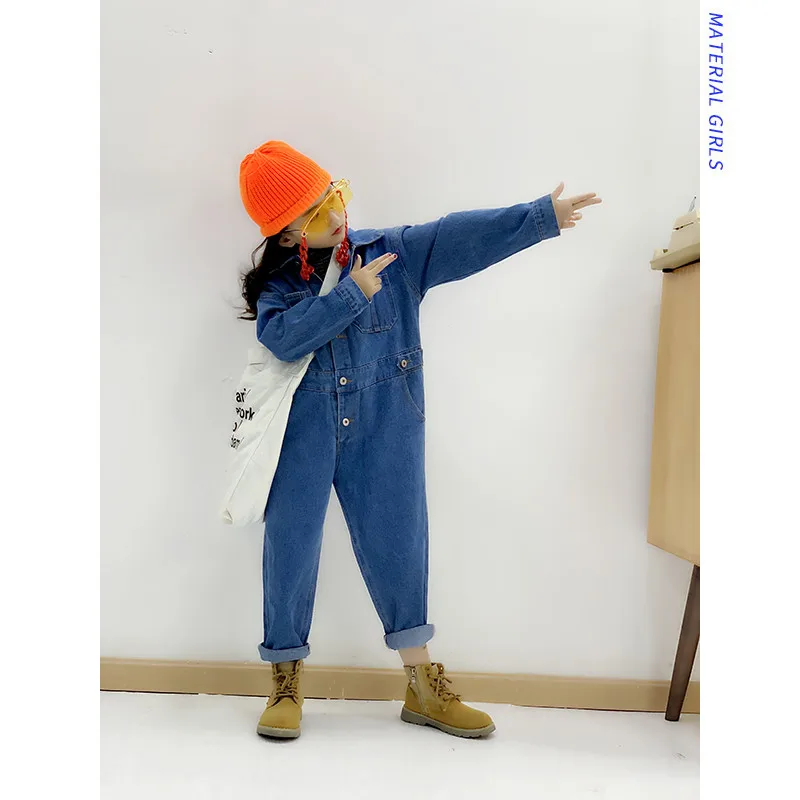 Детские джинсовые комбинезоны для девочек весна осень 2019 свободные хлопковые с