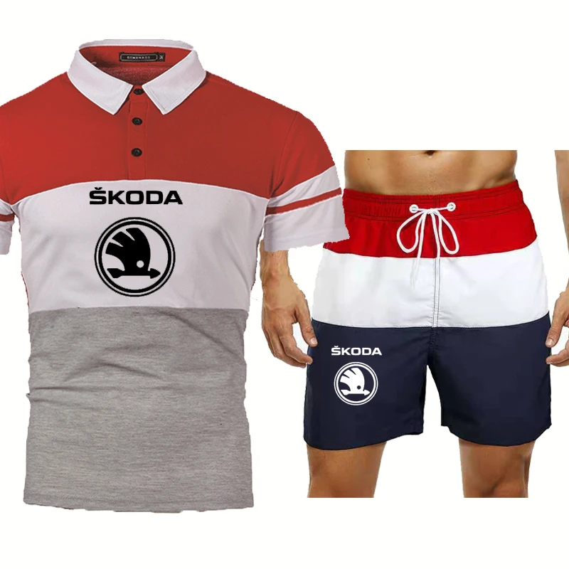

Summer Men's T-shirt Skoda Car logo Printed high quality Cotton Splicing Casual trend Men's short sleeve+shorts 2-piece set
