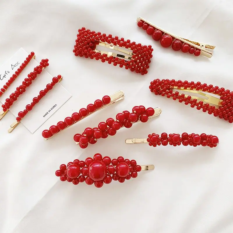 

2020 New Fashion Women Variety Red Color Pearl HairClip Snap Barrette Hair Stick Hairpin Hair Styling Accessories For Women