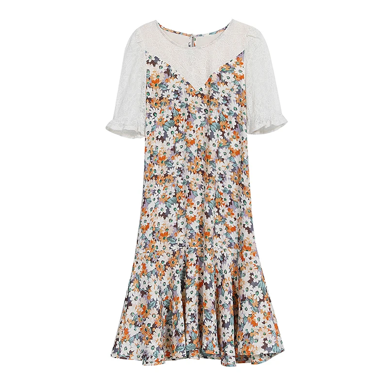 

COIGARSAM French Style Ruffles Women dress New Summer Patchwork Chiffon Lace Loose Floral Print Dresses Design And Color 9253