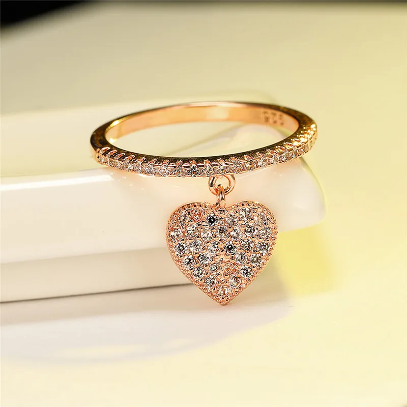 

Cute Heart Pendant White Zircon Rings For Women Yellow Gold/White Gold/Rose Gold Engagement Promise Ring Female Wedding Jewelry