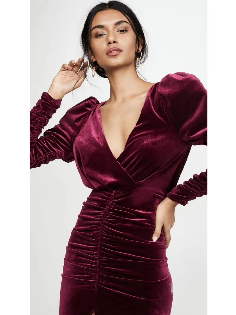 

Winter ladies velvet diamond belt sexy pleated long dress 2020New women's long sleeve Christmas fashion party dress bing XL