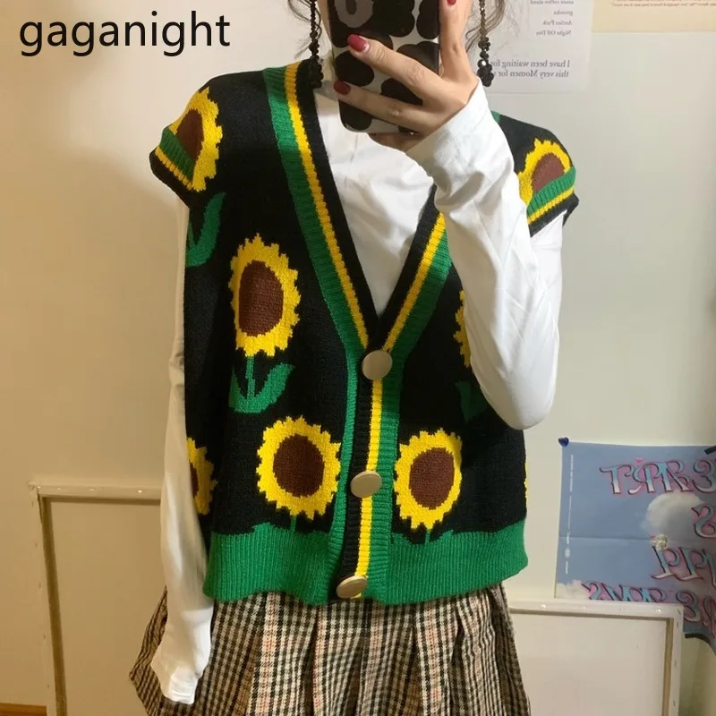 

Gaganight Fashion Women Knitted Vest Autumn Winter Loose Sunflower Sweater Vests Chic Korean Outwear Single Breasted Vests Retro