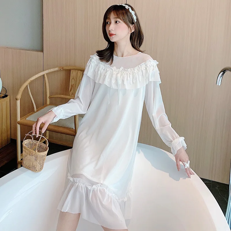 Spring 2021 New Nightdress Women's Thin Cotton Nightgown Lace  Nightwear Long Sleeve Long Skirt Gauze Mesh Home Wear Sleepwear