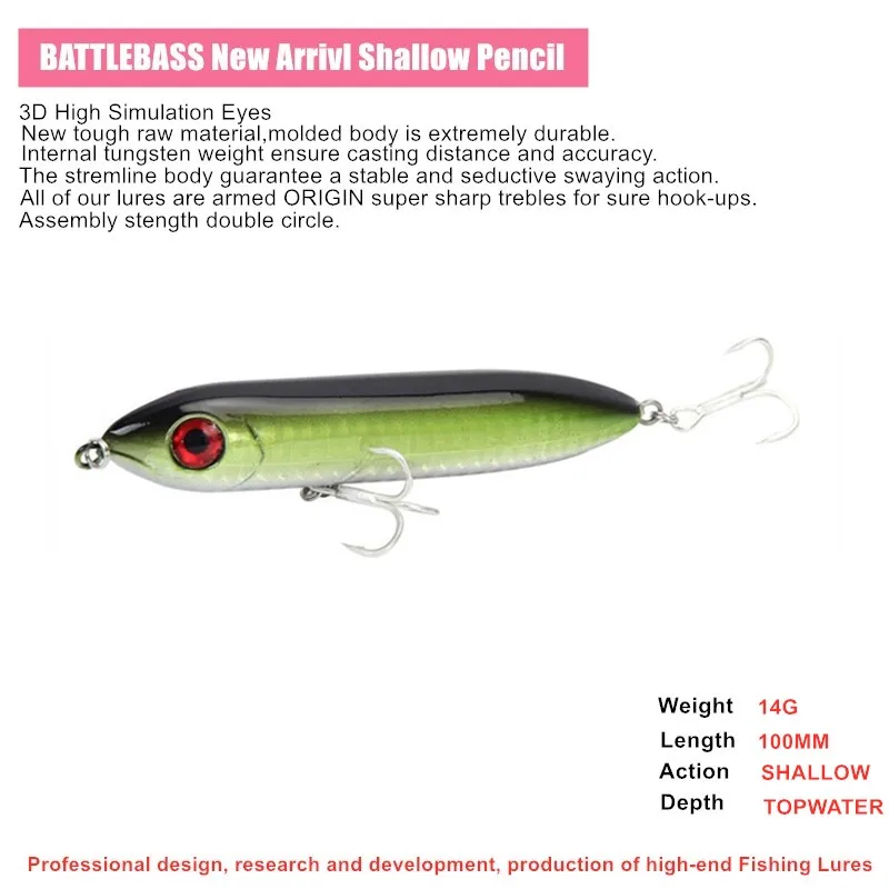 1 шт. твердая приманка BATTLEBASS для рыбалки карандаш Topwater плавающая искусственная 100