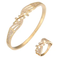 trendy clamper leaf cz bangle ring set rb61159 jewelry women bling charm elegant bracelet party gold silver plated