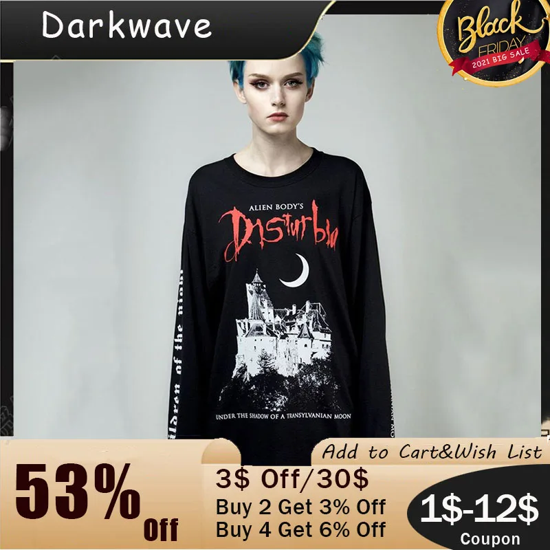 

2021 Women's Autumn New T-shirt Dark Goth Punk Trend Style Black Night Castle Print Long-sleeved Round Neck Straight Top