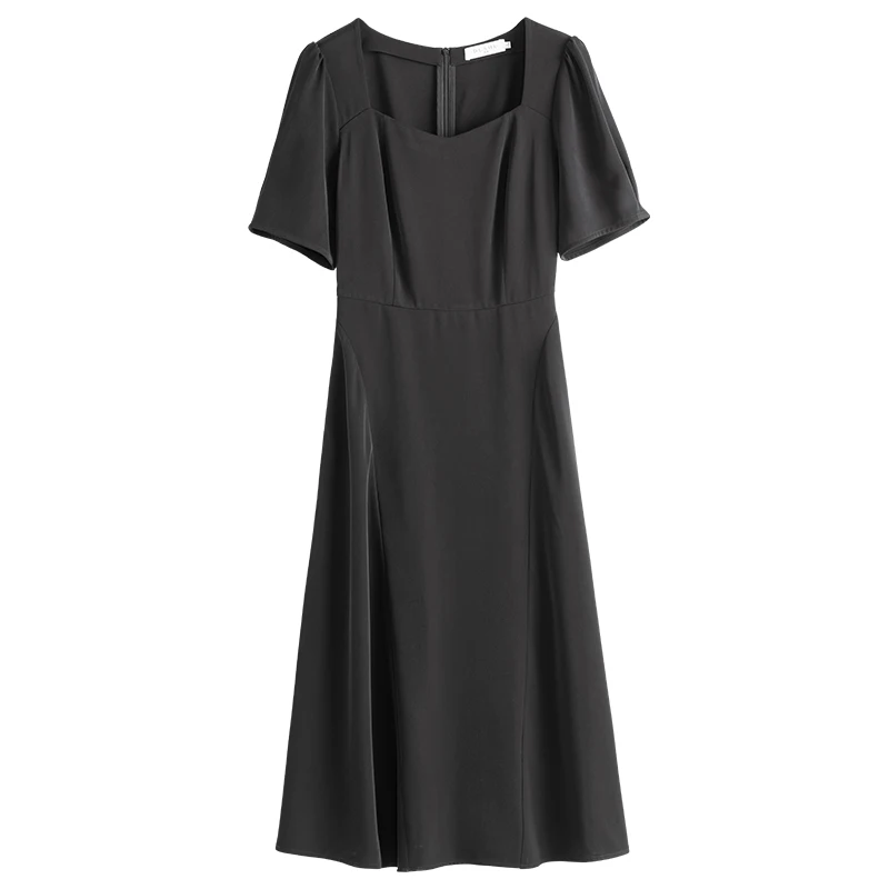 

DUSHU Plus Size Office Lady French Square Collar Black Dress Female Summer 2021 New High Waist Black Long Dress For Women