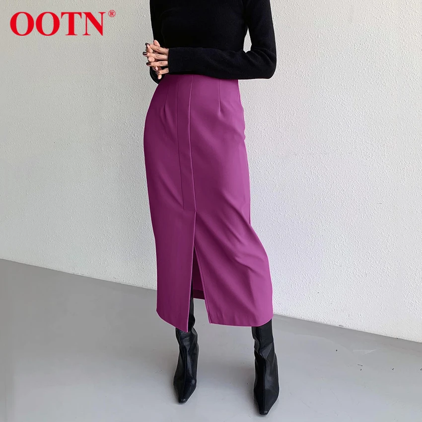 

Женская офисная юбка с разрезом OOTN, розовая, красная, осенняя, тонкая, до середины икры, элегантная, с высокой талией, тонкая, Faldas