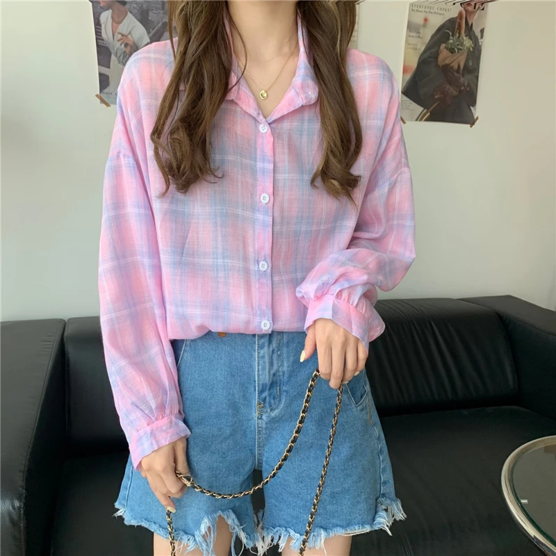 

POUNGDUDU 2021 Summer Women's Shirt Women's Blouse Plaid Long Sleeve Female Tops For Girl Sweet Loose Office Lady Korean Version