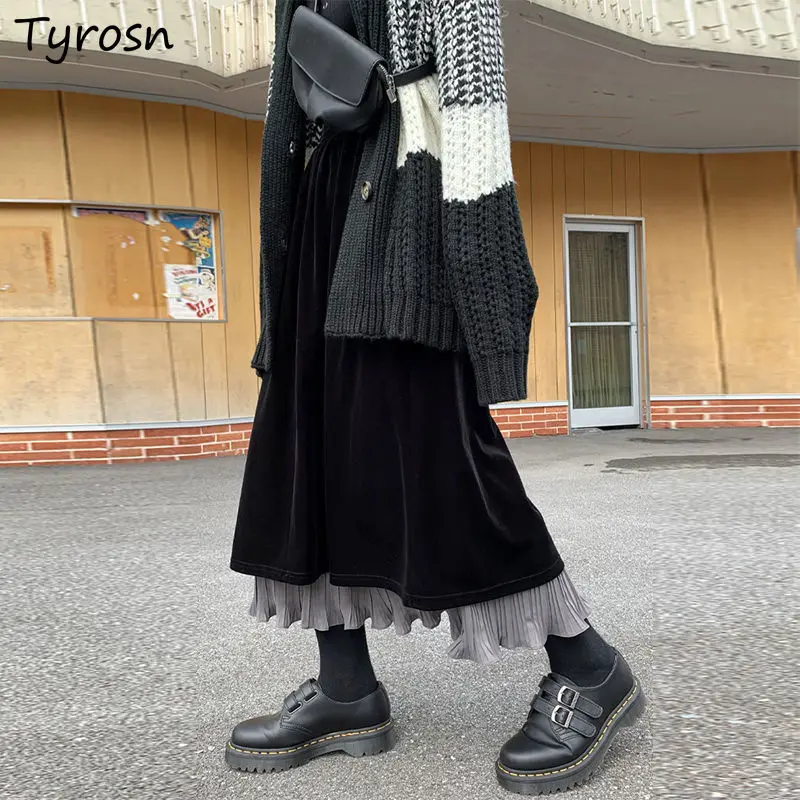 

Women Skirts Velour Double Layers Fashion A Line Autumn Winter Vintage Fladas Temparement Korean Style Retro Trendy All Match