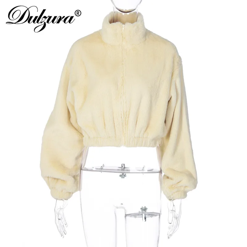 

Dulzura lambswool teddy faux fur women crop coats zipper loose outwear streetwear 2020 autumn winter clothes jacket solid warm