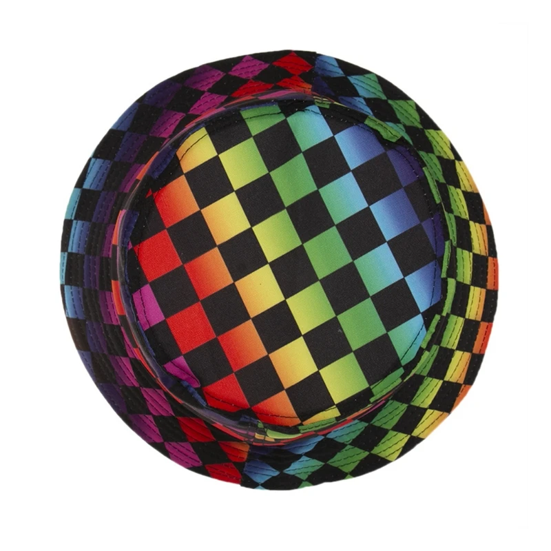 

Harajuku Hip Hop Bucket Hat Tie-Dye Rainbow Plaid Print Panama Fisherman Cap