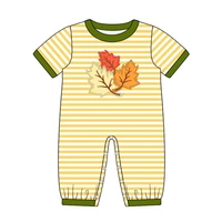 fashionable pure cotton baby boy romper blue and white striped short sleeved trousers with leaf embroidery children clothes