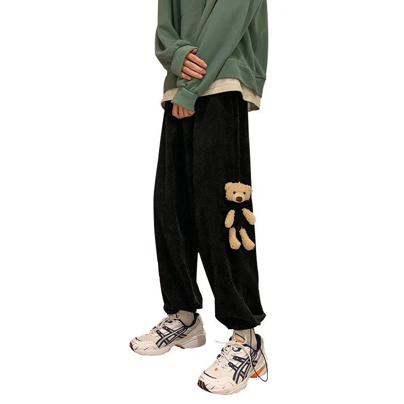 

New Spring 2021 Versatile Casual Tie Leg Pants Trend Loose Corduroy Bear Pants Man