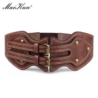 maikun belt crazy horse leather double pin buckle womens elastic wide belt all match womens coat girdle