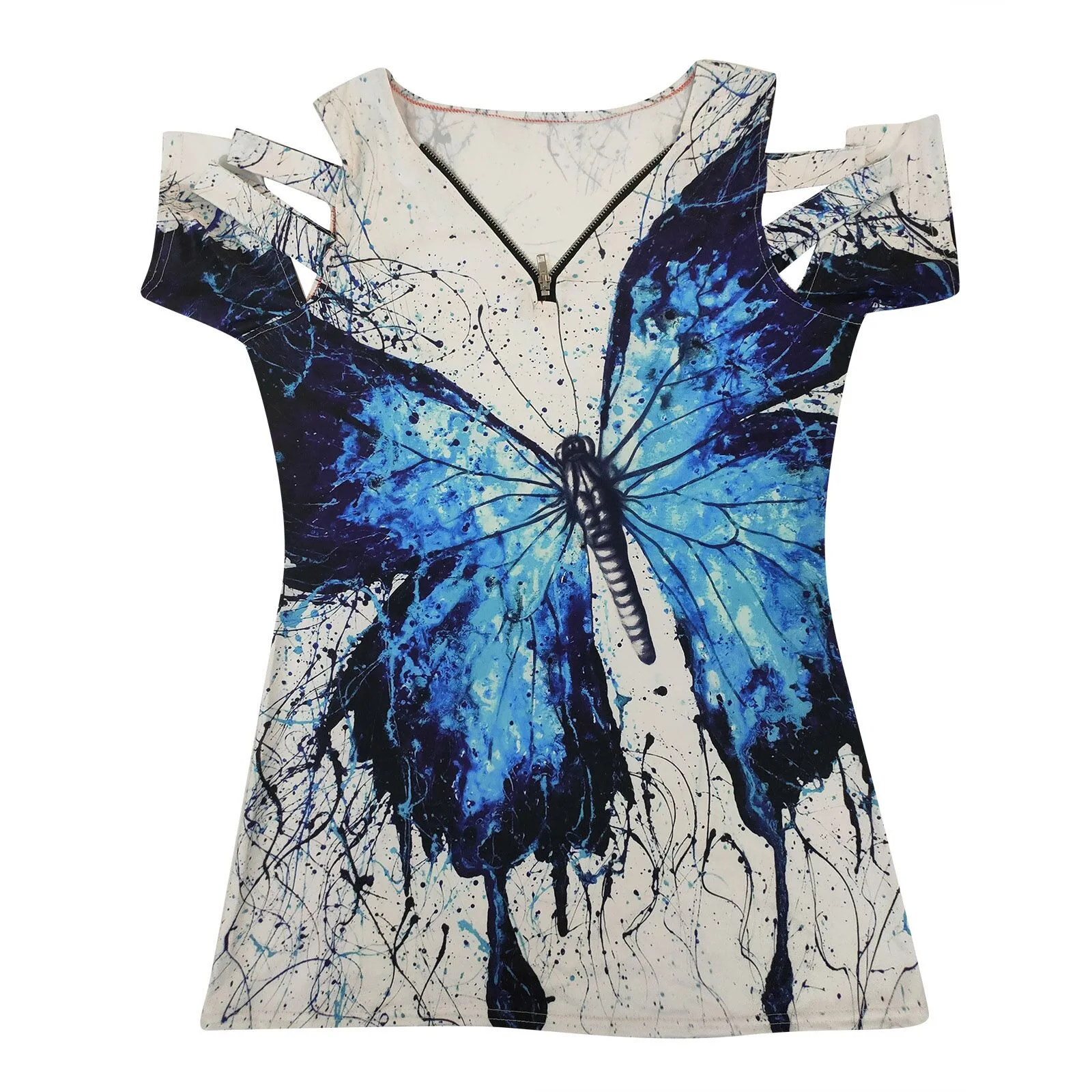 

Women Blouse V-neck Butterfly Printed Sexy Hollow Out Zipper Short Sleeve Tops Casual Pullover Summer Plus Size Shirt blusas XXL