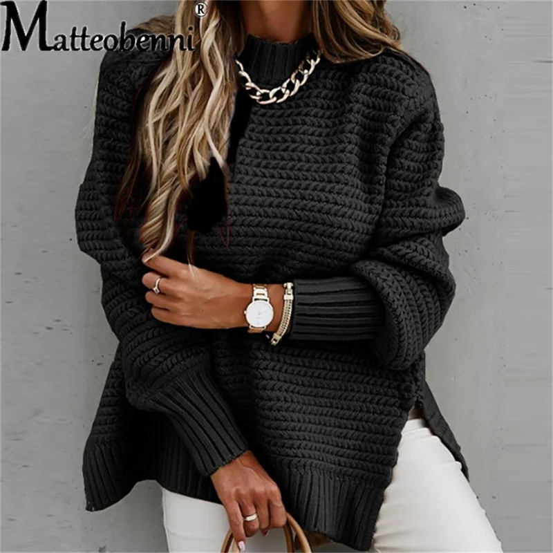 

Autumn Winter Women Loose Knitted Sweater 2021 New Side Split Front Short Back Long Coarse Yarn Turtleneck Pullover Knitwear