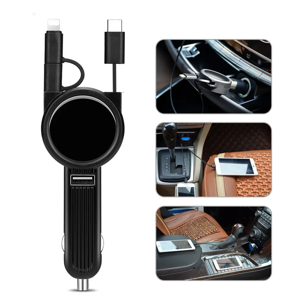 Автомобильное зарядное устройство с телескопическим кабелем для Micro USB Type C