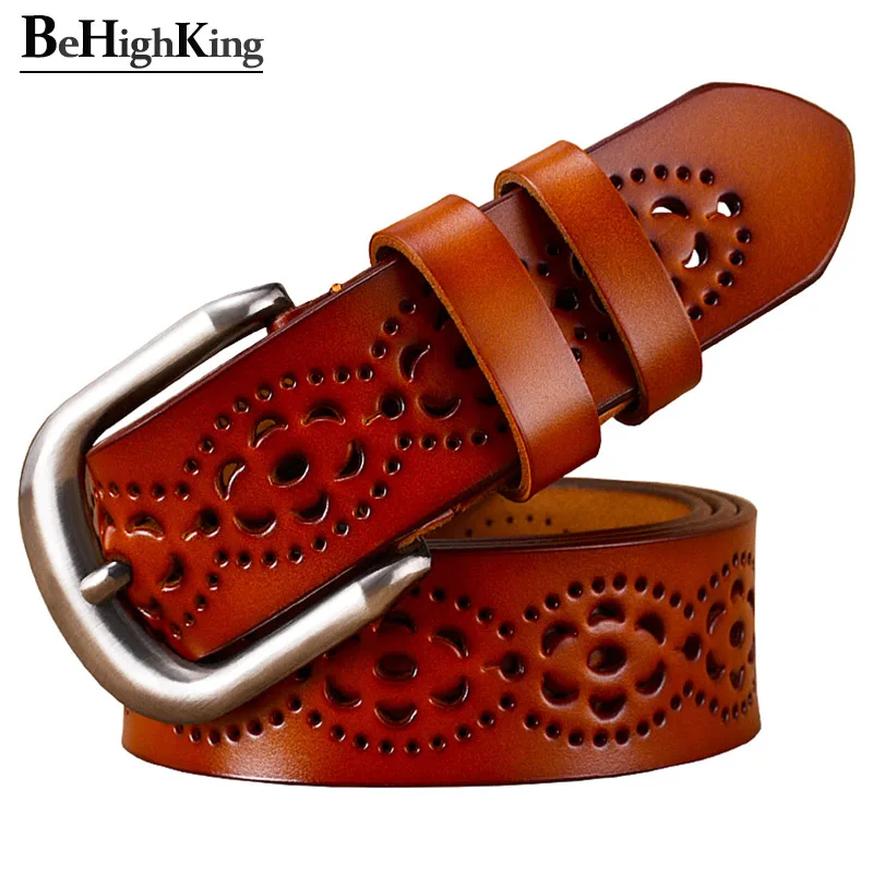 Женский ремень из натуральной кожи классический воловьей с цветочной пряжкой