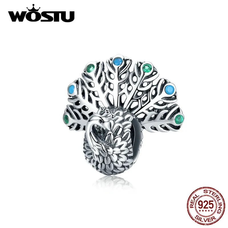 WOSTU,, модные бусы павлина, 925 пробы, Silve Zircon, шарм, подходит для оригинального браслета, кулон, сделай сам, для изготовления ювелирных изделий CQC1260