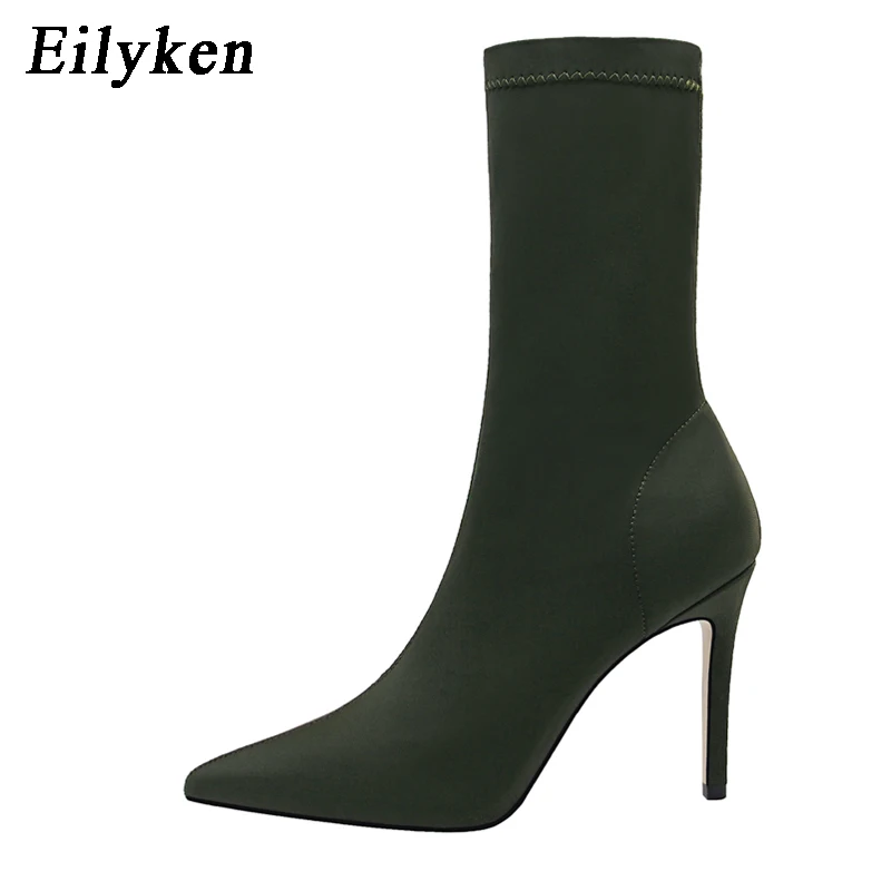 Green Eilyken/удобные Стрейчевые женские сапоги-носки; ботильоны на высоком квадратном каблуке; модная Осенняя растягивающаяся обувь с острым носком; Цвет Черный; большие размеры - Цвет: Green