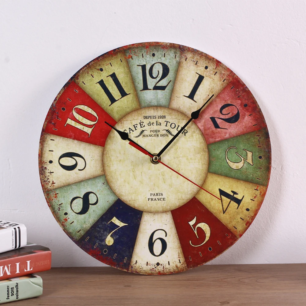 12 Inch Silent Round Wooden Wall Clock Vintage Rustic Style Battery Operated Home Decor for Living Room Kitchen Bedroom Bar |